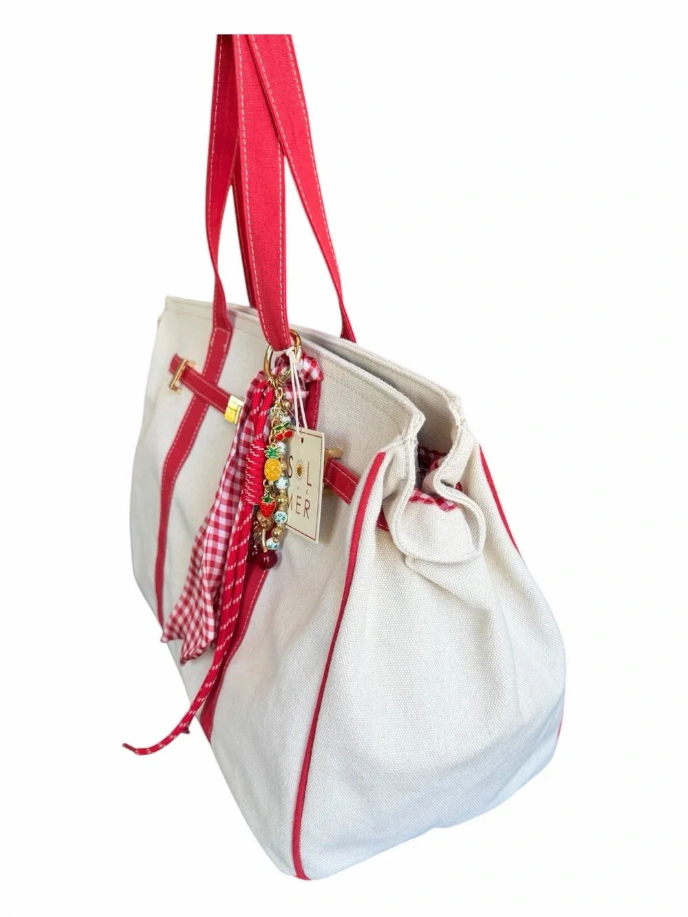 VIRAL Sol & Mer Red Canvas Tote with Scarf and Fruit Charms Vacation Style Bag - Picture 7 of 11
